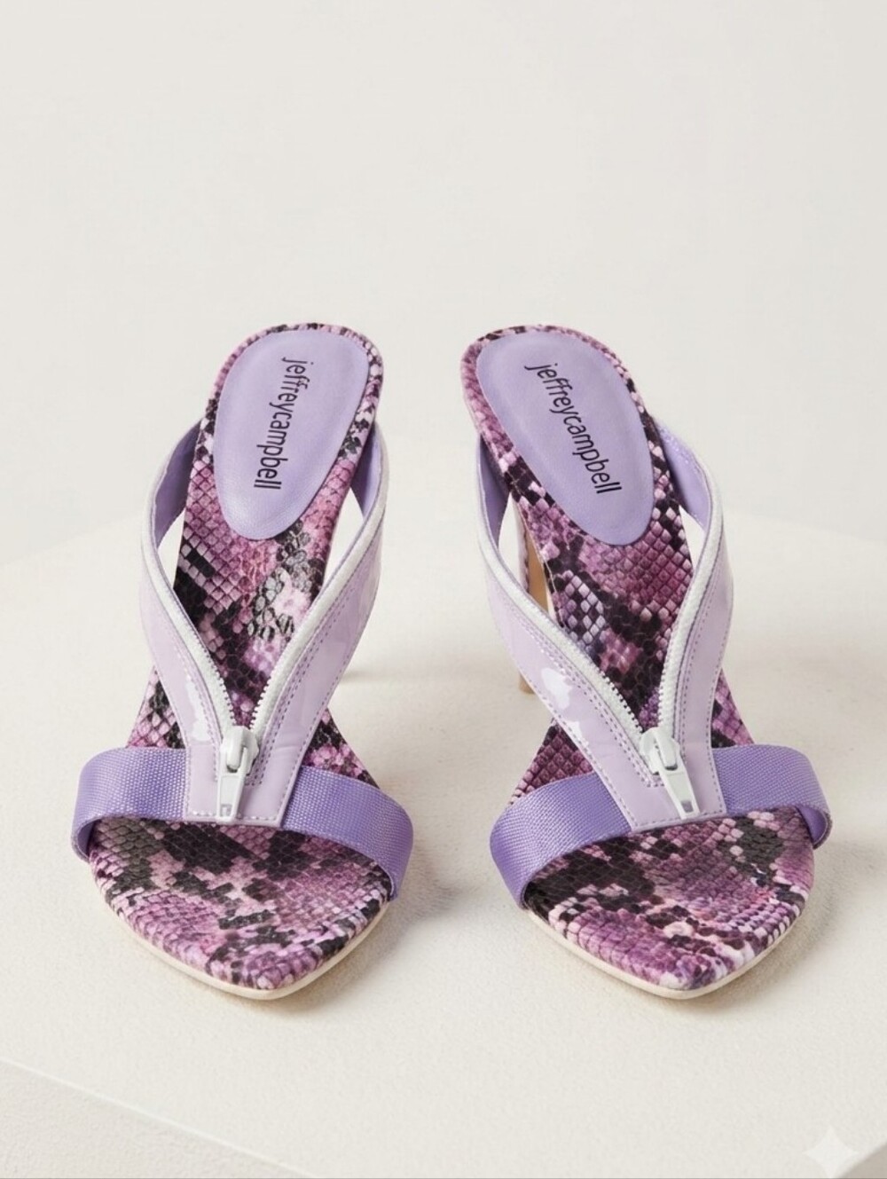 Jeffrey Campbell Purple Snake-Print Zip Strap Heels Size 8.